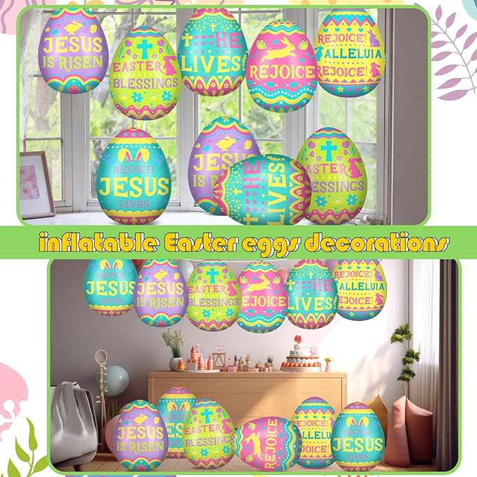 Jetec 12 Pcs 12 Inch Religious Easter Egg Inflatable Decorations Hanging Inflatable Easter Egg Outdoor Decorations Large Christian Eggs Spring Jesus is Risen Yard Decor for Church Lawn Garden