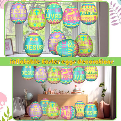 Jetec 12 Pcs 12 Inch Religious Easter Egg Inflatable Decorations Hanging Inflatable Easter Egg Outdoor Decorations Large Christian Eggs Spring Jesus is Risen Yard Decor for Church Lawn Garden