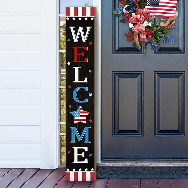 Patriotic 4th of July Independence Day Porch Sign Decor Memorial Day Wooden Hanging Sign Door Porch Standing Decorative Signs Plaques Front Door Farmhouse Outdoor Indoor Welcome Sign Wall Craft Decor 47.2"H