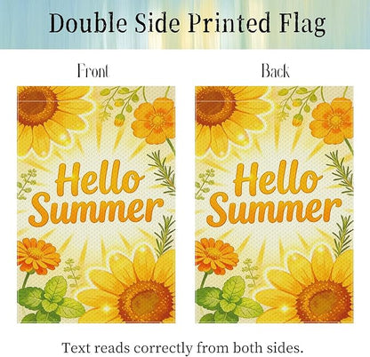 Hello Summer Sunflower Garden Flag 12x18 Inch Double Sided Bright Yellow Seasonal Outdoor Flag for Patio Porch Yard Decor