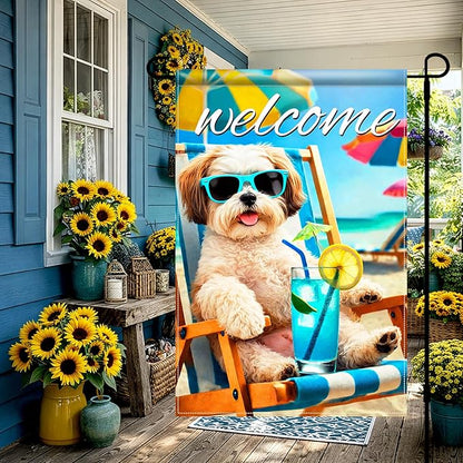 BlissYard Welcome Summer Shih Tzu Garden Flag 12x18 Double Sided Vertical Outdoor Decor Beach Chair Dog Yard Lawn Patio Tropical Poolside Banner