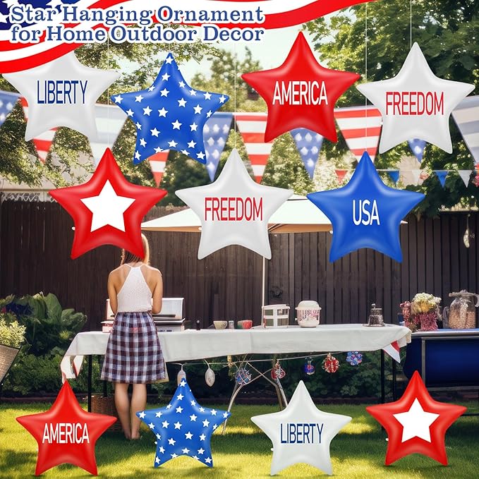 18 Pcs 12 Inch 4th of July Inflatables Outdoor Decorations 250th Anniversary Patriotic Star Ornaments Blow up PVC Inflatable Star Hanging Ornaments for American Veterans Party Festival