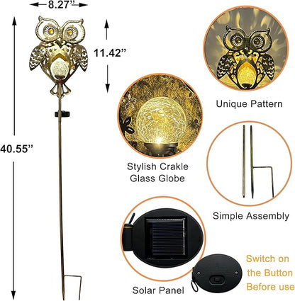 Owl Solar Garden Lights Outdoor, 40.55" Tall Iron Metal Yard Art, Weatherproof Pathway Stakes for Patio Lawn, Unique Owl Statue with Warm LED for Fence Plant Pot Decoration