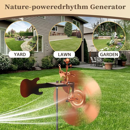 Guitar Windmill,Handmade Metal Drummer Windmill,Metal Rock Band Wind Mill for Yard and Garden,Wind Spinners Outdoor Art Sculpture