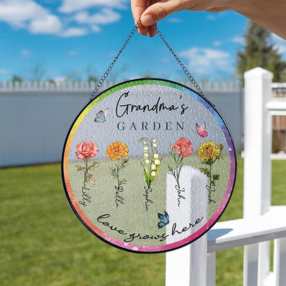 NAZENTI Custom Grandma's Garden Stained Glass Window Hanging, Gifts for Mother's Day, Grandma Gifts from Grandkids, Personalized Grandma Flower Garden Grandkids Names Sign