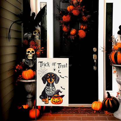 Halloween Garden Flags Trick or Treat Ghost Dog Yard Flag for Outside Decor Pumpkin Bat Spider Web Garden Flag Holiday Rottweiler Skeleton House Banner Outdoor Decoration for Home 12 x 18 Inch