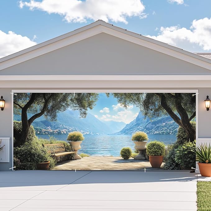 ANNA QUEEN Mural Garage Door Banner 6 x 13FT, Mediterranean Lakeside Garden View with Bench and Mountains, Romantic Garden Scenic Backdrop for Patio, Yard, Holiday, Party Decor