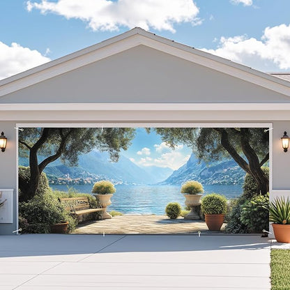 ANNA QUEEN Mural Garage Door Banner 6 x 13FT, Mediterranean Lakeside Garden View with Bench and Mountains, Romantic Garden Scenic Backdrop for Patio, Yard, Holiday, Party Decor