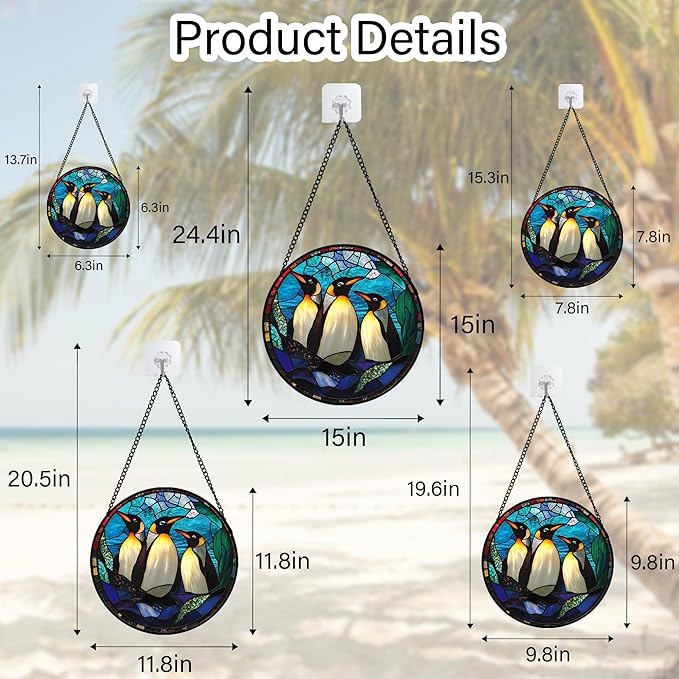 CHATYOUNG Stained Glass Window Hanging Blue Ocean Penguin Landscape Large 15" - Fine Suncatcher Door Garden Sun Catcher Decor Birthday Christmas for Mom Woman Nana Friend Men Wife