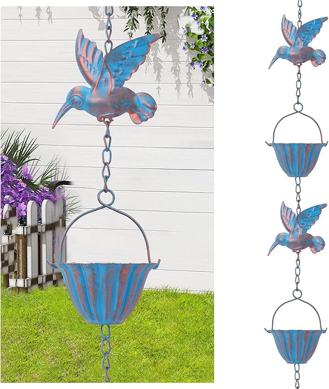 7.8FT Hummingbird Rain Chains for Outside with Bells, Adjustable Outdoor Bird Raincatcher, Garden Decor, Rust Resistant Rain Drain Chain, Wind Chimes