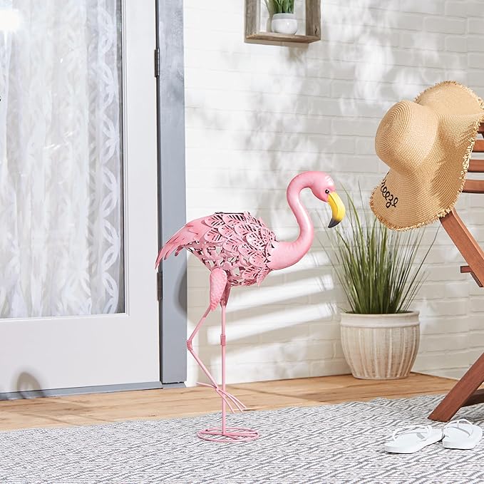 Zingz & Thingz Durable Iron Outdoor Décor Flamingo Solar Garden Stake, 18.5x7x27, Leaning
