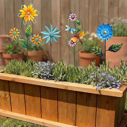 8 Pcs Metal Flower Garden Stakes for Outside Outdoor 14" Spring Wildflowers Metal Signs Waterproof Decorations Bird Dragonfly Windmill Landscape Ornament for Lawn Yard Garden Patio Porch Art