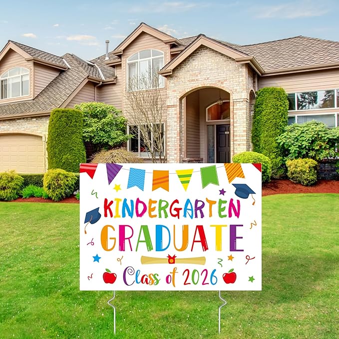 Kindergarten Grad Yard Sign - Class of 2026 Preschool Graduate Lawn Sign with Stake School Congrats Graduation Decorations Colorful Graduation Party Favors Supplies Outdoor Photo Booth Props for Kids
