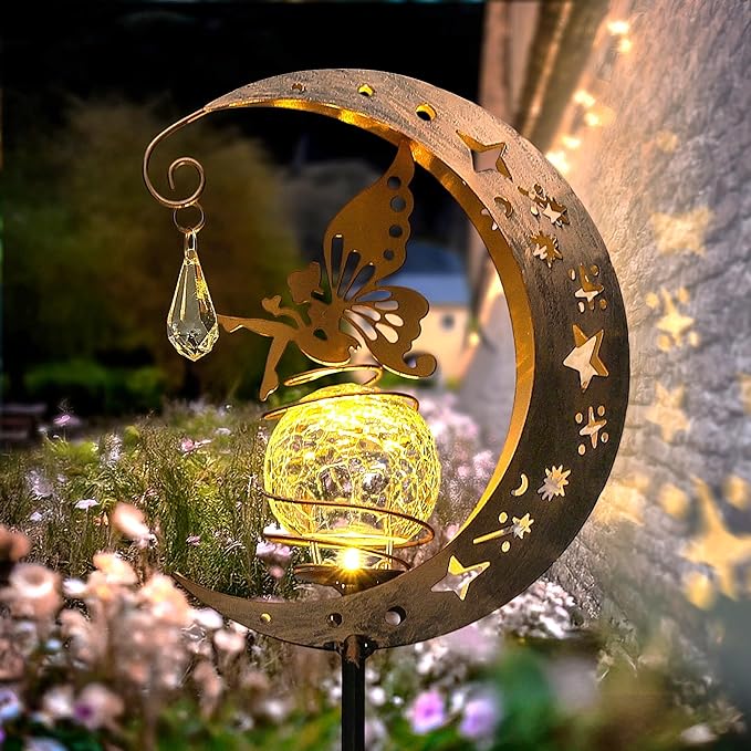 Moon Solar Lights Outdoor Waterproof Metal Fairy Moon Solar Lanterns for Garden, Patio, Yard, Gift for Women, Mom, Family Solar Powered, Durable, Garden Decor Figurine Lights