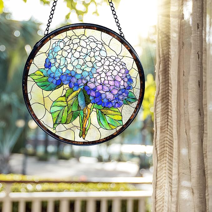 kdqua Hydrangea Flower Suncatcher Stained Glass Window Hanging, Blue Hydrangea Sun Catchers Indoor Window Glass Round Wall Decor, Floral Wall Art Hanging Decorations Statues, 7.9x7.9in