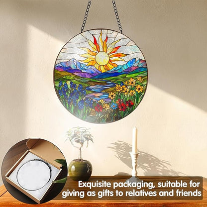 VAIIEYO Sun Sun Catcher Stained Glass Window Hanging Ornament, Handmade Sun Catcher Flower Landscape Decoration with Hooks for Window Garden Home, Birthday Housewarming Gift 7.8 inch