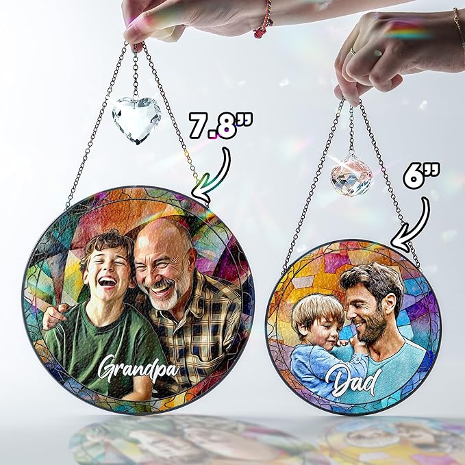 VINATIMES Personalized Grandpa Stained Glass Suncatcher, Photo Family Faux Stained Glass Window Hanging Ornament, Custom Photo Gift for Dad from Son Daughter, Birthday Gift for Grandpa, Uncle