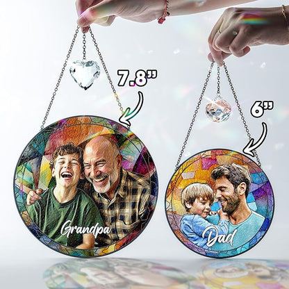 VINATIMES Personalized Grandpa Stained Glass Suncatcher, Photo Family Faux Stained Glass Window Hanging Ornament, Custom Photo Gift for Dad from Son Daughter, Birthday Gift for Grandpa, Uncle