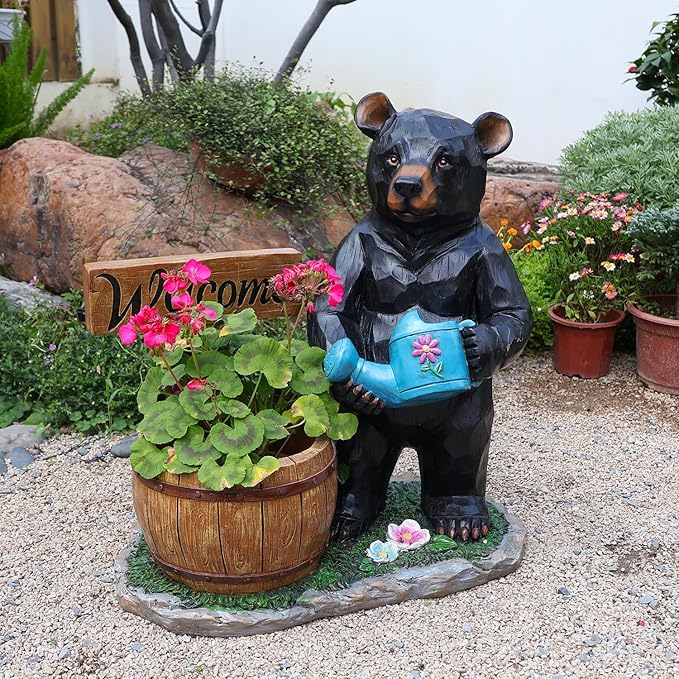 Black Bear Garden Statue Planter, Waterproof Outdoor Resin Animal Flower Pot, Yard Lawn Patio Decor, Front Porch Ornament Housewarming Gift(Black Bear Holding Watering Can)