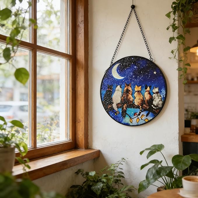 7.8 in Stained Glass Window Hanging, 6 Cats and Moon Suncatcher for Home Decor, Handmade Decorative Ornament Boho Wall Art Ideal Gift for Mom Grandma Cat Lovers Housewarming