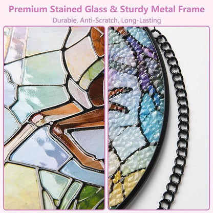 Stained Glass Window Hanging, Deer Circular Painted Glass Suncatcher with Chain & Suction Cup for Home Garden Door Decor, Birthday for Women Men Mom 7.8 in