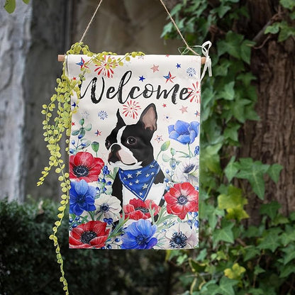 4th of July Boston Terrier Garden Flag Red White Blue Floral Dog Yard Flags Small Memorial Independence Day Banner 12x18 Double Sided for Outside Outdoor Patriotic Decor