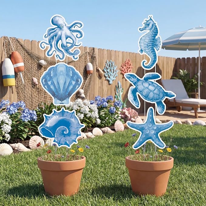 RattanView 6 Pack Outdoor Ocean Front Porch Decor Blue Coastal Yard Signs with Stakes Lawn Sign Flower Pot for Garden Patio Beach Summer Party Decorations
