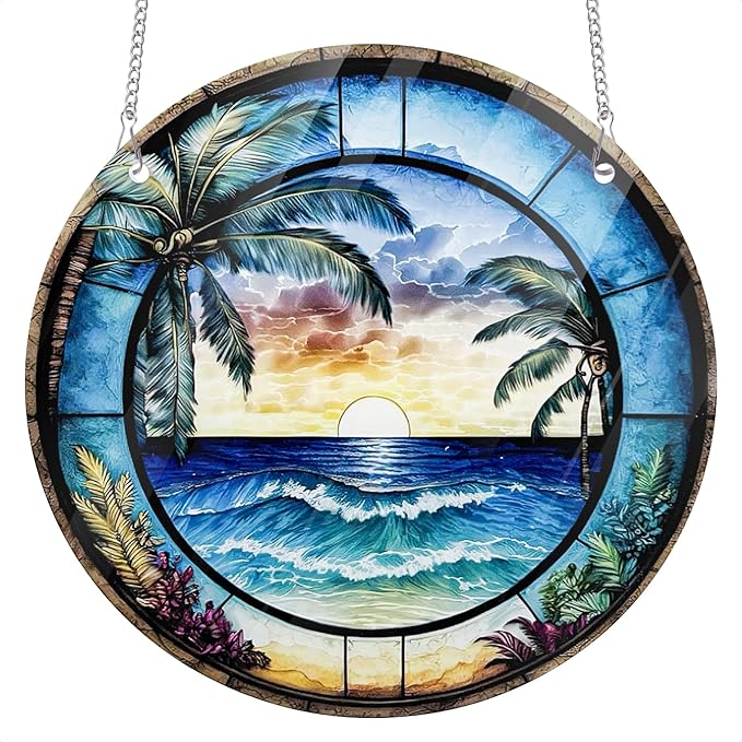 Blue Setting Sun 7.87" Stained Glass Window Hanging Sun Catcher Blue Bird Stain Glass Suncatchers Decor Gifts for Home Indoor Outdoor Window Garden Crystals Decor Panels