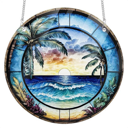 Blue Setting Sun 7.87" Stained Glass Window Hanging Sun Catcher Blue Bird Stain Glass Suncatchers Decor Gifts for Home Indoor Outdoor Window Garden Crystals Decor Panels
