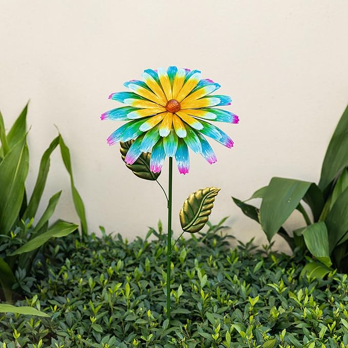 Glitzhome Metal Flower Yard Stake, 41 Inch Hand Painted Garden Flower with Blue Yellow Petals, Iron Garden Yard Spring Decor for Lawn Landscape