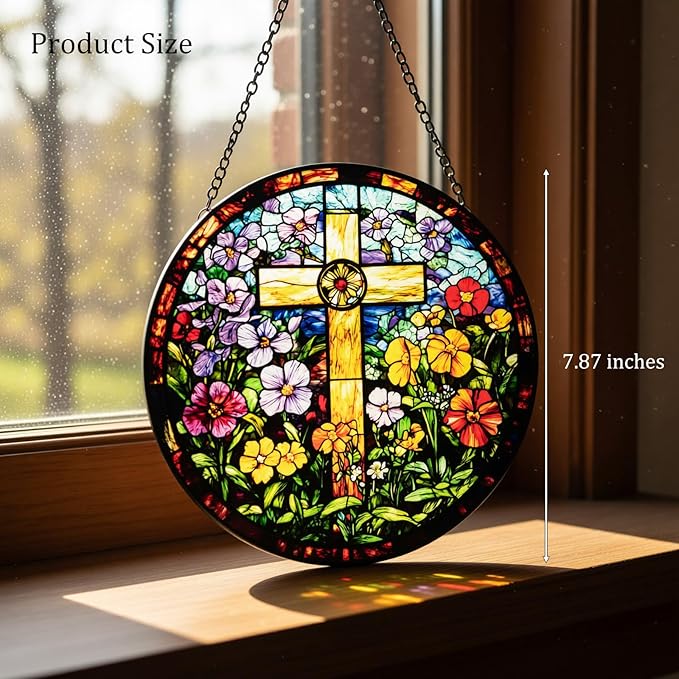 Stained Glass Window Hanging - Cross and Wildflowers Suncatcher, Sun Catchers Decor for Window Hanging, Gifts for Religious, Christian, Easter Faith Home Decor 7.8in