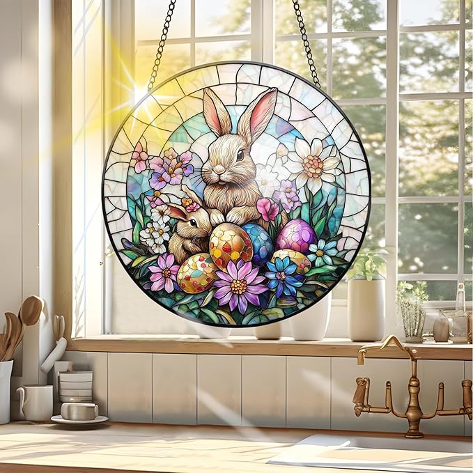 VAIIEYO Rabbit Sun Catcher Stained Glass Window Hanging Ornament, Handmade Sun Catcher Easter Egg Decoration with Hooks for Window Garden Home, Mother's Day & Birthday Housewarming Gift (7.8 inch)