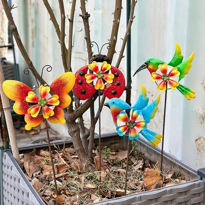 HUTHDAK 4 Pack Metal Animal Decorative Garden Stakes,Colorful Spring Outdoor Pinwheels,Cute Ladybugs Butterfly&Hummingbird Wind Spinners for Yard Art Outdoor Lawn Porch Pathway Decorations