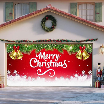 IVN Merry Christmas Happy New Year Garage Door Banner 13x6 ft Christmas Garage Door Cover Wnter Scene Background Indoor Outdoor Red Bells Bows Snowflake Pine Holiday Decorations for Home and Events Wall Backdrop Decor
