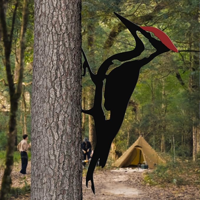 Woodpecker Metal Yard Decor, Red Head Bird Tree Branch Decoration - Rustic Metal Yard Art for Garden, Fence & Outdoor Decoration