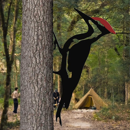 Woodpecker Metal Yard Decor, Red Head Bird Tree Branch Decoration - Rustic Metal Yard Art for Garden, Fence & Outdoor Decoration