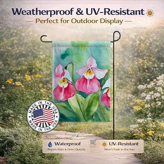 Caroline's Treasures Minnesota Pink and White Lady�s Slippers in Watercolor Garden Flag Mailbox Flag Decorative Yard Flag Banner Outside Patio Artwork Yard Flower Beds, Garden Size, Multicolor