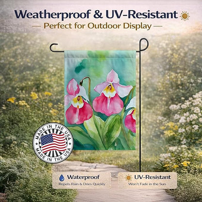 Caroline's Treasures Minnesota Pink and White Lady�s Slippers in Watercolor Garden Flag Mailbox Flag Decorative Yard Flag Banner Outside Patio Artwork Yard Flower Beds, Garden Size, Multicolor