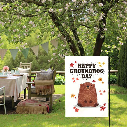 Happy Groundhog Day Garden Flag for Outdoor Spring Yard Flags Cute Groundhog Floral Banner Seasonal Welcome Banners Double Sided Weather Resistant Funny Animal Holiday Decor 12x18 Inch