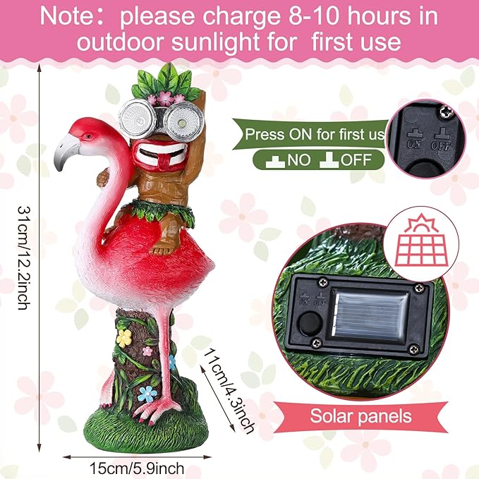 Colingmill 12.2'' Tiki Statue Flamingo Outdoor Decoration Solar Powered Garden Figurine Riding a Flamingo Tiki Bar Decor Housewarming Gardening Gifts for Bar, Lawn, Yard, Patio, Balcony, Table
