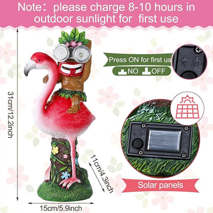 Colingmill 12.2'' Tiki Statue Flamingo Outdoor Decoration Solar Powered Garden Figurine Riding a Flamingo Tiki Bar Decor Housewarming Gardening Gifts for Bar, Lawn, Yard, Patio, Balcony, Table