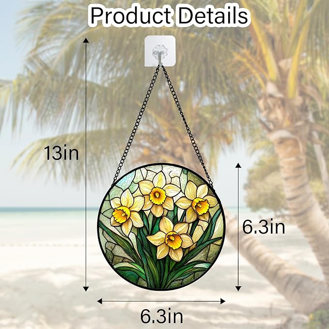 DASTOLL Stained Glass Window Hanging, Daffodil Plant Flowers Sun Catchers Diamond Glass Panel Hangings Suncatcher Decor for Birthday for Women, Men, Wife, Aunt, and Mom 6.3 in