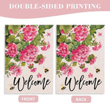 Welcome Spring Summer Geranium Decorative House Flag, Pink Floral Flowers Bees Garden Yard Outside Decorations, Seasonal Burlap Outdoor Large Home Decor Double Sided 28 x 40