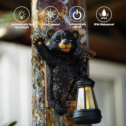 Goodeco Black Bear Tree Hugger with Solar Lantern - Perfect Bear Garden Statues Outdoor Decor & Ornament for Women, Housewarming Gifts and as Yard Decorations