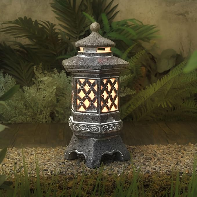 TERESA'S COLLECTIONS Pagoda Garden Statues with Solar Outdoor Light, Resin Zen Garden Lantern Asian Decor Outdoor Statues Lawn Ornaments Patio Porch Yard Decor Gifts for Dad 10.4"