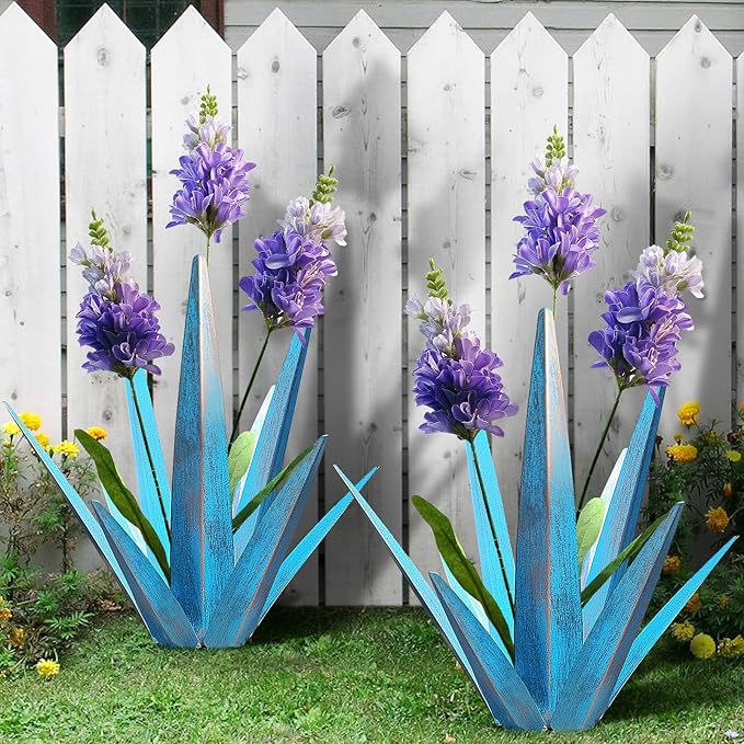 2PCS Large Metal Yard Art, Outdoor Metal Agave Plants, Tequila Rustic Sculpture, Garden Decoration Lavender Yard Art Plant (Sky Blue)