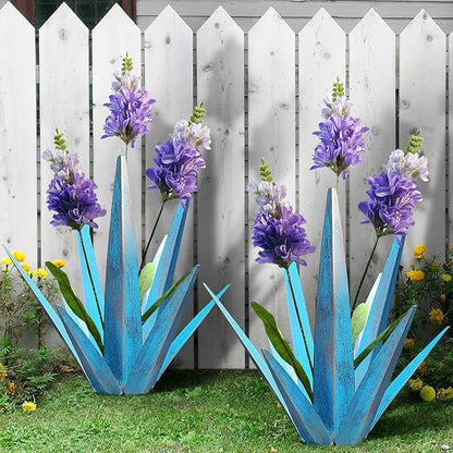 2PCS Large Metal Yard Art, Outdoor Metal Agave Plants, Tequila Rustic Sculpture, Garden Decoration Lavender Yard Art Plant (Sky Blue)