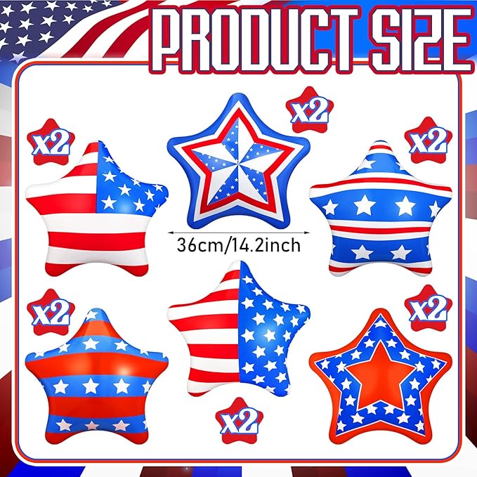 12 Pcs 4th of July Inflatable Balloons Patriotic Outdoor Decorations 12'' PVC American Flag Star Hanging Ornaments White Red Blue Inflatable for 250th Anniversary Independence Day Party Decor