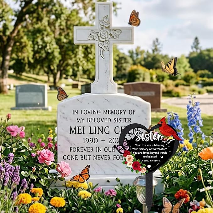 Grave Markers for Cemetery - Memorial Sister Metal Cardinals Grave Stakes Black Heart Remembrance Plaque Waterproof Flower Gravesite Decorations Outdoors Sympathy Gifts for Loss of Sisters