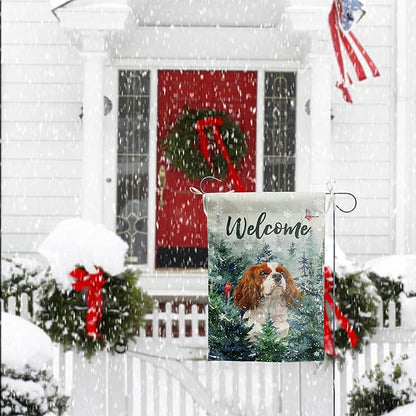Welcome Winter Garden Flags Cavalier King Charles Spaniel Garden Flag Cardinal Birds on Snowy Pine Tree Flag Dog Yard Flags for Outside 12x18 Double Sided Christmas Decorative Lawn Flags